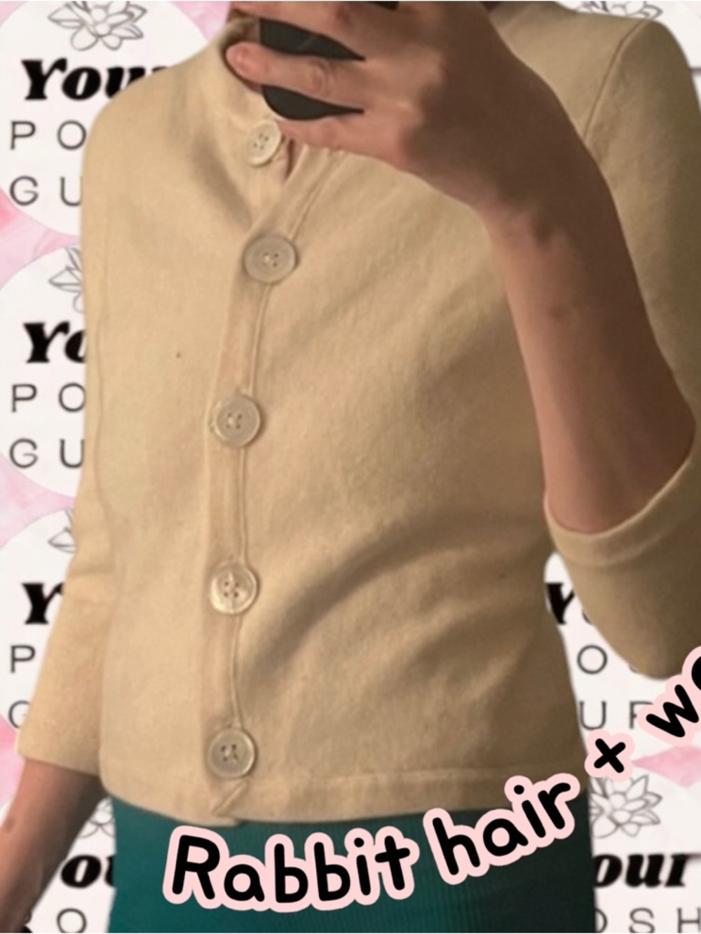Rabbit hair + wool Cream mother of pearl flat Button-Front Cardigan